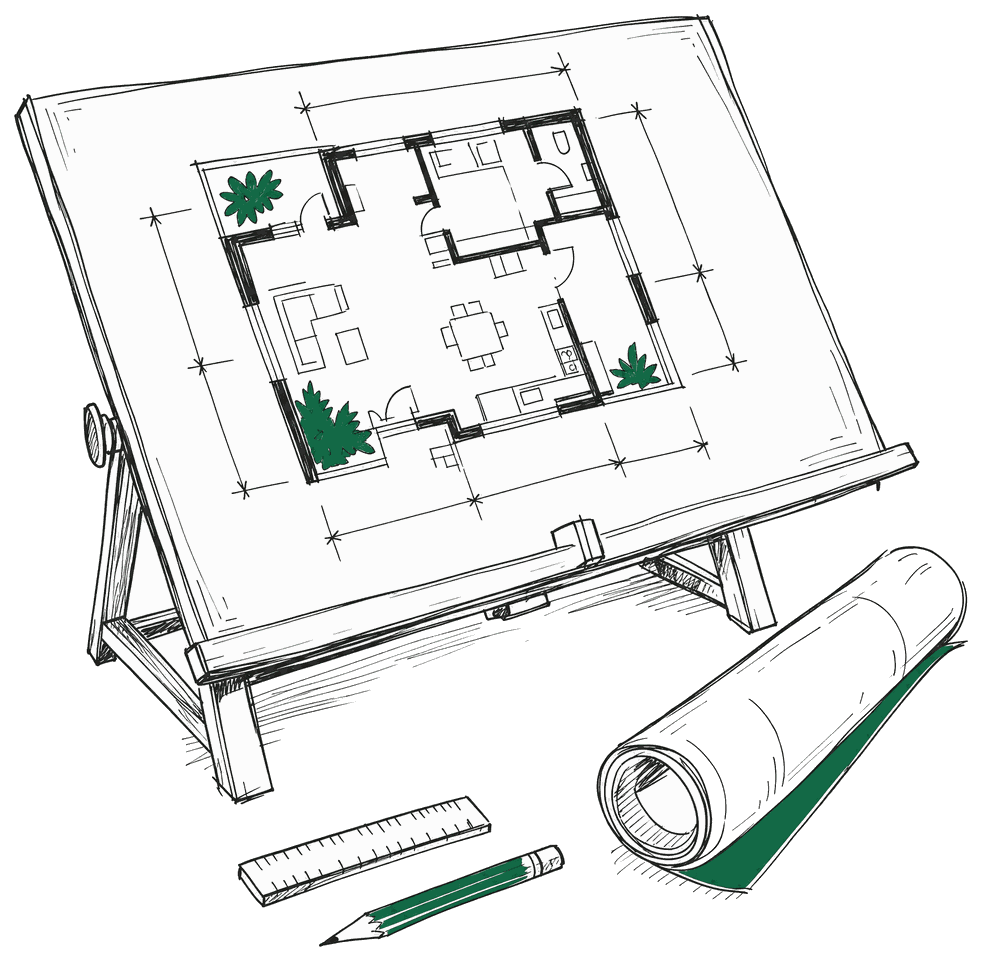 A pen sketch of a drafting table carrying a floor plan, with a rolled drawing, a scale rule and a pencil beside it.