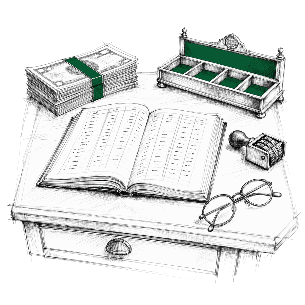 A pen sketch of a money-changer's desk: an open ledger with ruled columns, a banded stack of notes, a cash tray, a date stamp and a pair of glasses.