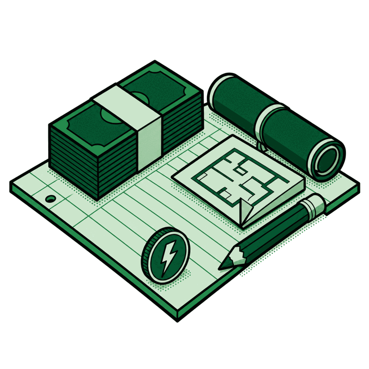 An isometric drawing of a banded stack of notes, a stack of coins struck with the tap bolt, and a transfer slip.