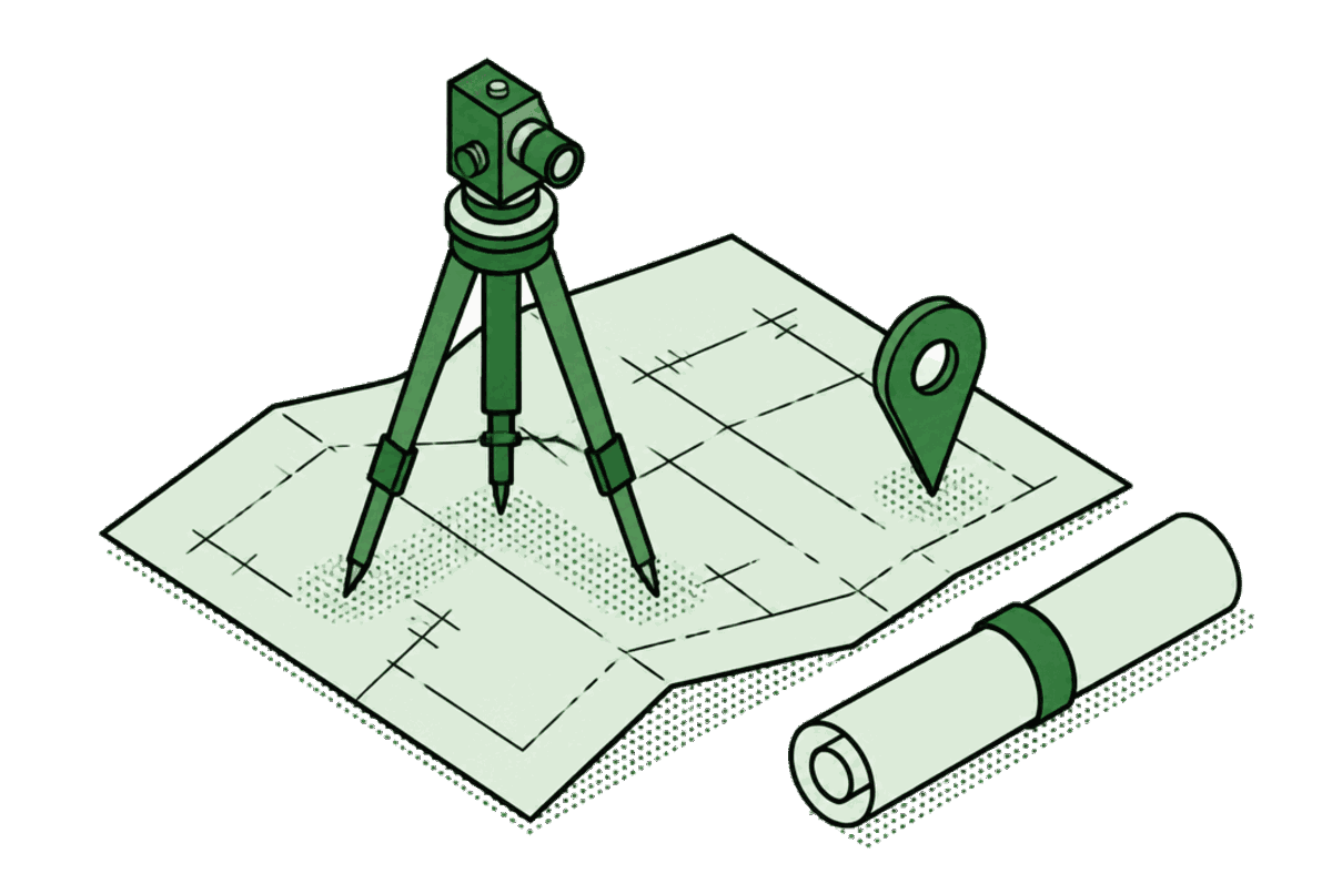 An isometric drawing of a surveyor's tripod standing on a folded site map with a pin in it.