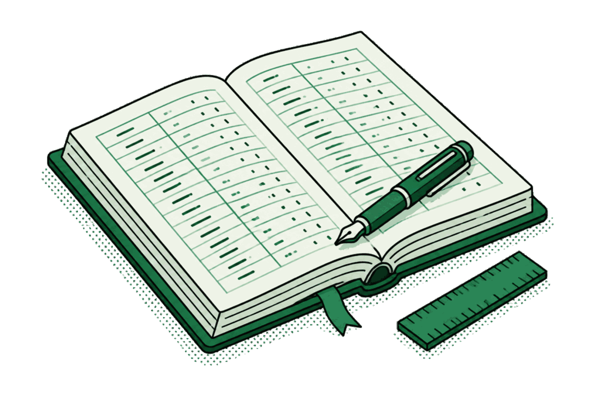 An isometric drawing of an open ledger book with two ruled columns and a pen across the page.