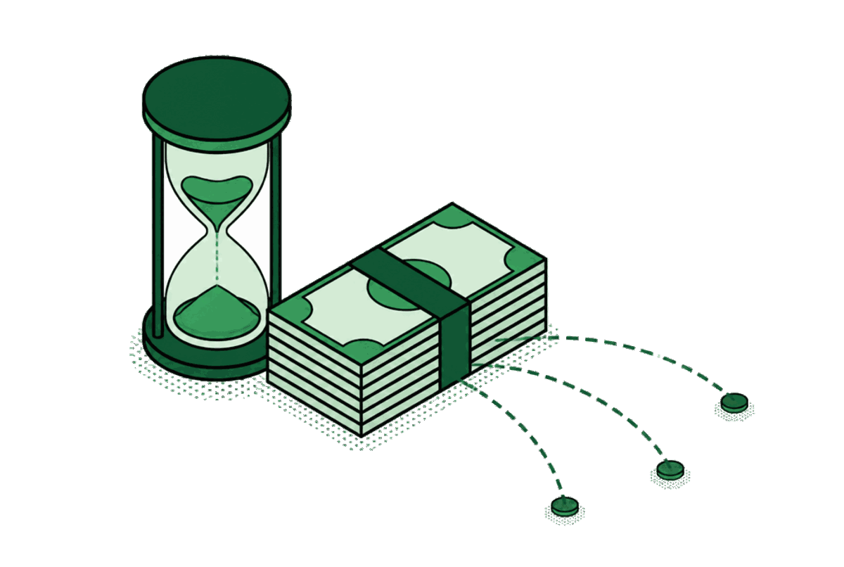 An isometric drawing of an hourglass beside a banded stack of notes, with three routes curving away from it.